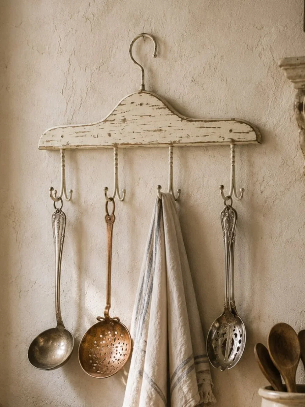 2- Vintage Primitive Whitewashed Wooden Coat Hanger Rack With Four Double Hooks